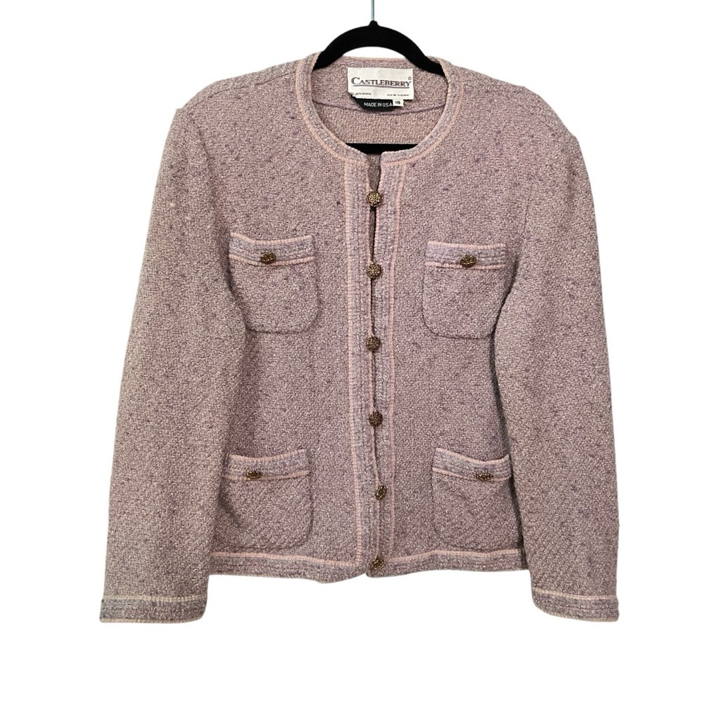 Castleberry jacket Vintage Tweed Boucle Lavender Gold tone button Union made USA